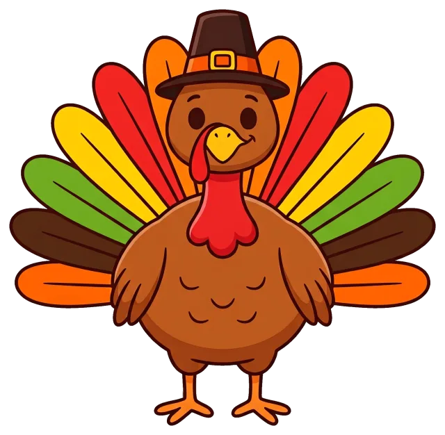 Cute Thanksgiving turkey with colorful feathers and pilgrim hat