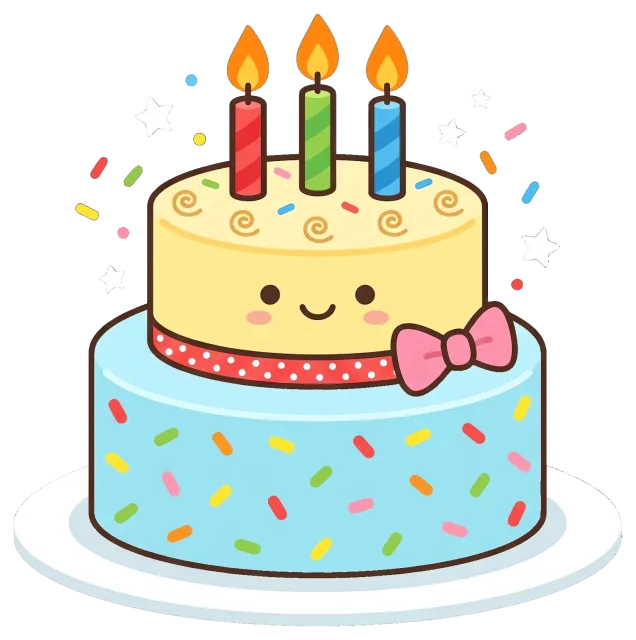 Cute two-tier birthday cake with three lit candles and sprinkles