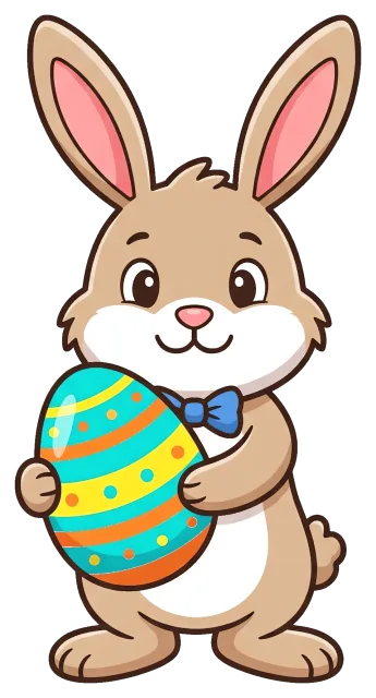 Easter bunny holding a decorated egg with a blue bow tie