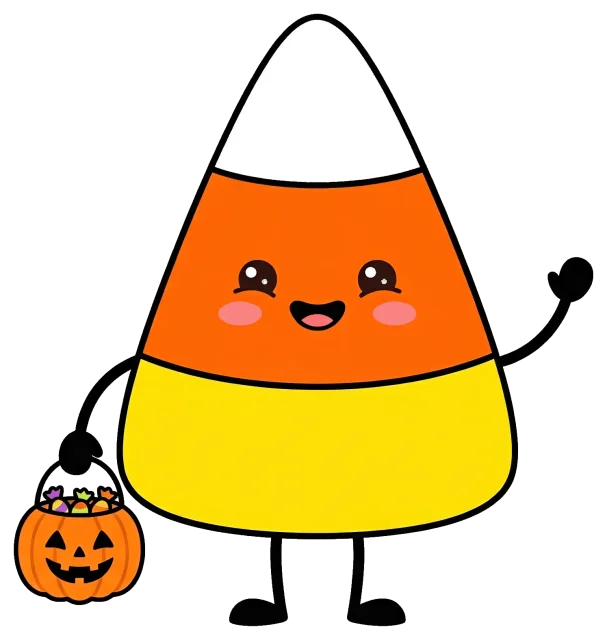 Happy candy corn character holding Halloween pumpkin bucket