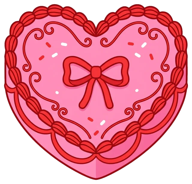 Heart Shaped Pink Cake with Red Bow and Decorative Icing