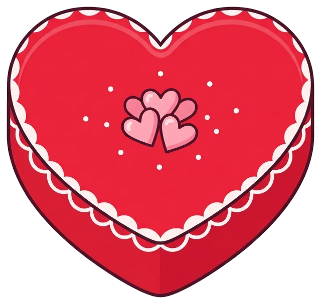 Heart-shaped red cake with pink hearts and white decoration