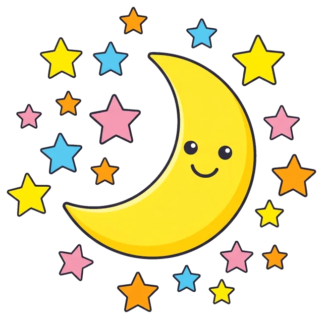 Smiling crescent moon surrounded by colorful stars