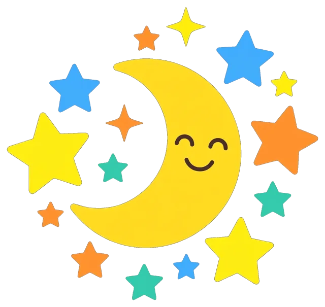 Smiling crescent moon surrounded by colorful stars