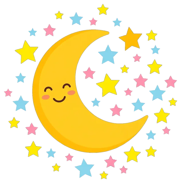 Smiling crescent moon surrounded by colorful stars