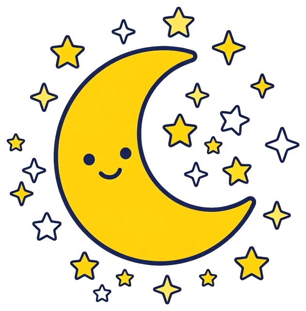 Smiling crescent moon surrounded by yellow and white stars