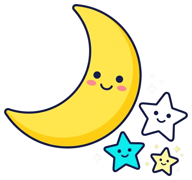 Smiling crescent moon with happy stars