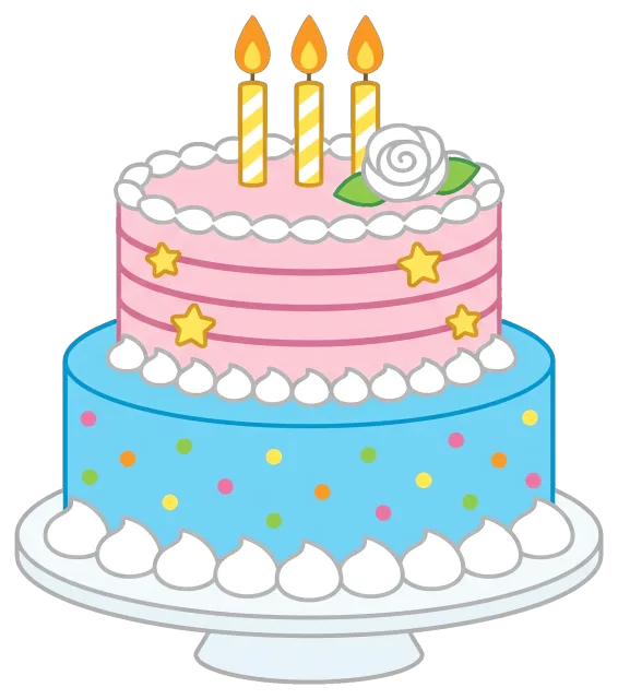 Two-tier birthday cake with candles and decorations