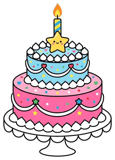 Two-tier birthday cake with smiling star topper and candle