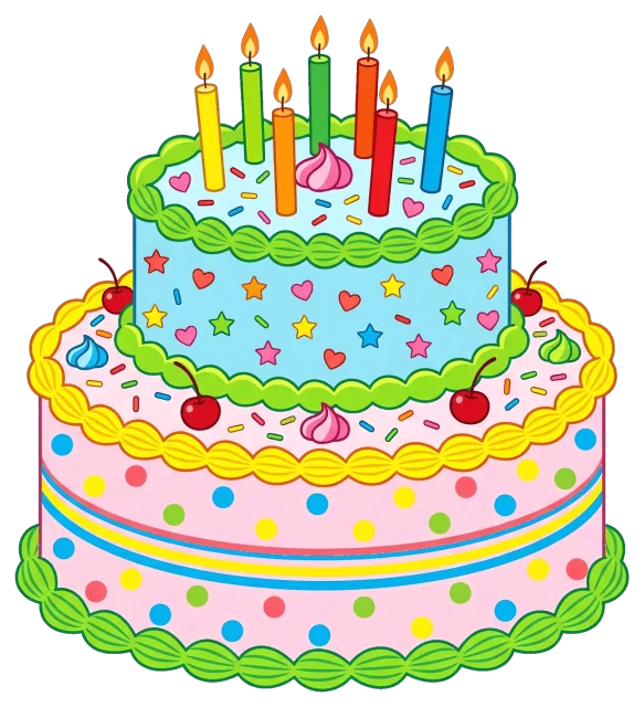 Two-tier colorful birthday cake with candles and cherries
