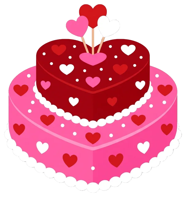 Two-tier heart-shaped cake decorated with hearts and toppers