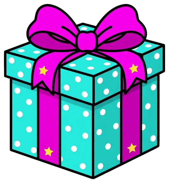 Blue polka dot gift box with pink ribbon and stars