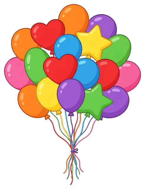 Colorful balloon cluster with heart and star shapes