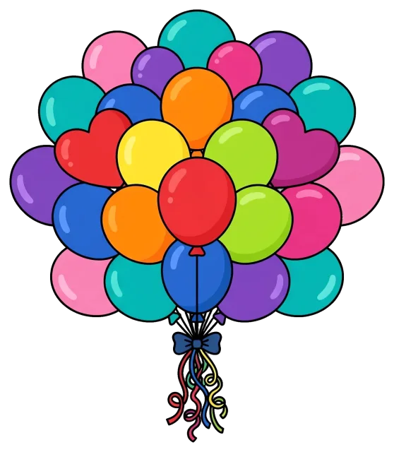 Colorful balloon cluster with ribbons and bow
