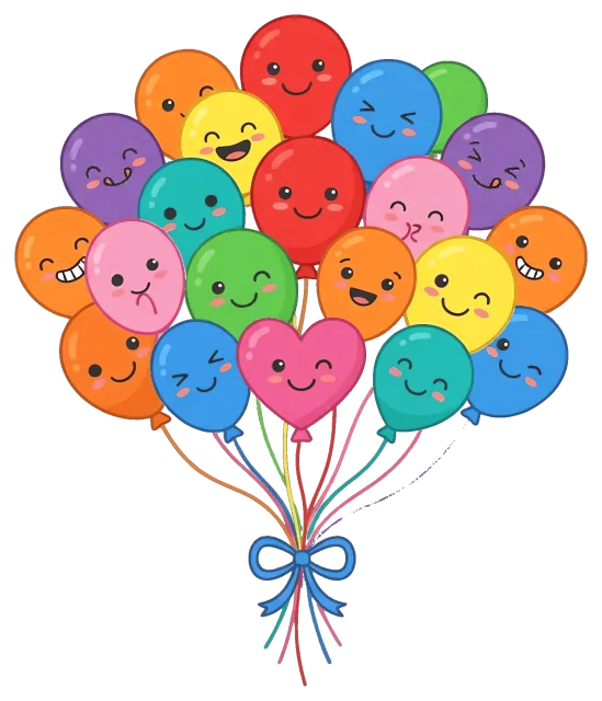 Colorful Balloon Cluster with Smiling Faces and Heart Shape