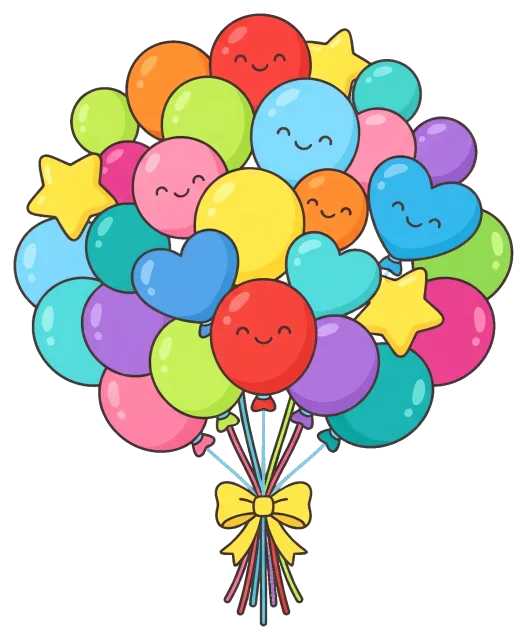 Colorful balloon cluster with smiling faces and stars