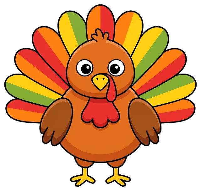 Colorful cartoon turkey with vibrant tail feathers
