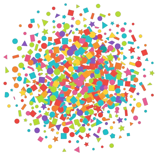 Colorful confetti shapes scattered in a circular pattern