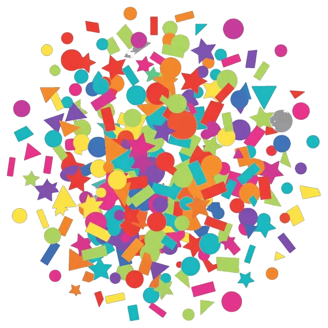 Colorful confetti shapes scattered on grey background