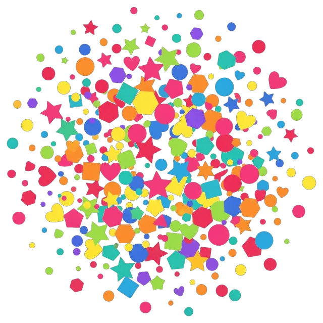 Colorful confetti shapes scattered on grey background