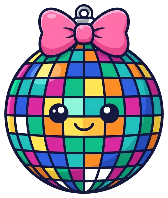 Colorful disco ball with pink bow and smiling face