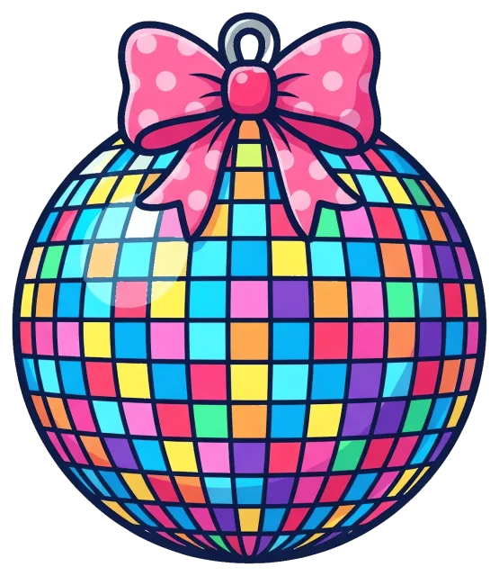 Colorful disco ball with pink polka dot bow