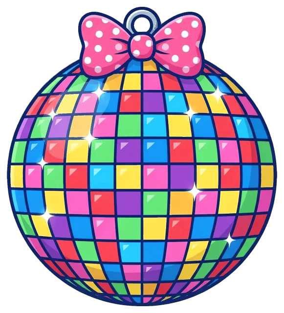 Colorful disco ball with pink polka dot bow