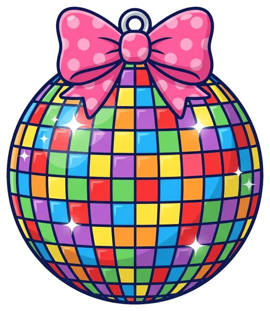Colorful disco ball with pink polka dot bow