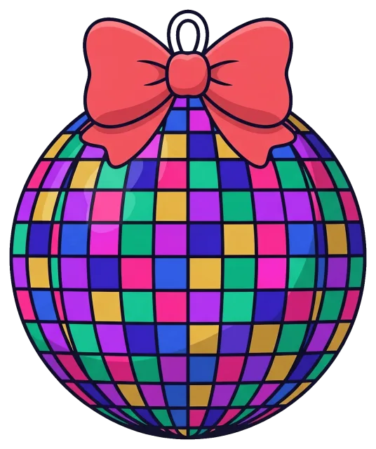 Colorful disco ball with red bow