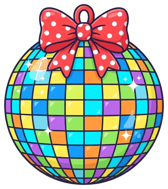 Colorful disco ball with red polka dot bow