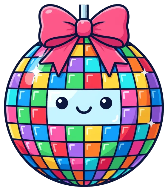 Colorful disco ball with smiling face and pink bow