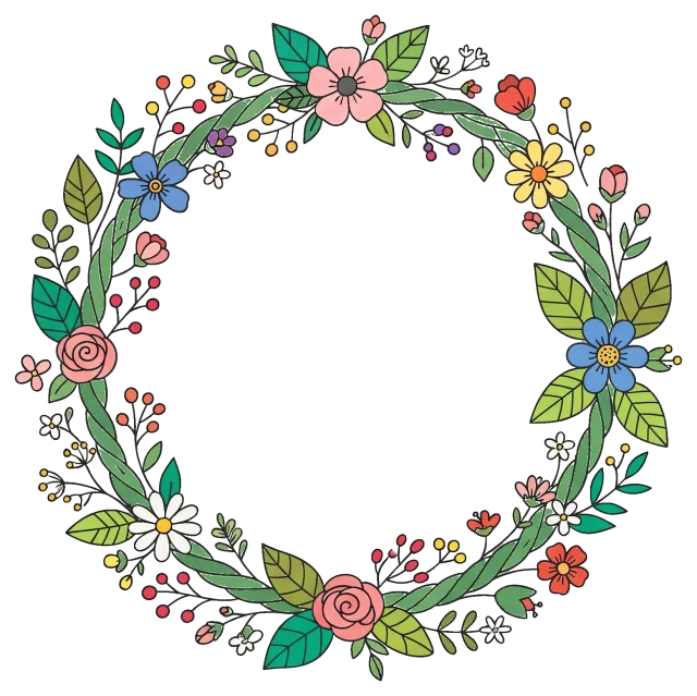 Colorful floral wreath with green leaves and various flowers