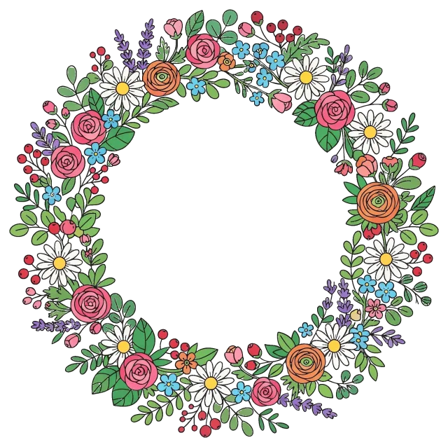 Colorful floral wreath with roses, daisies, and greenery
