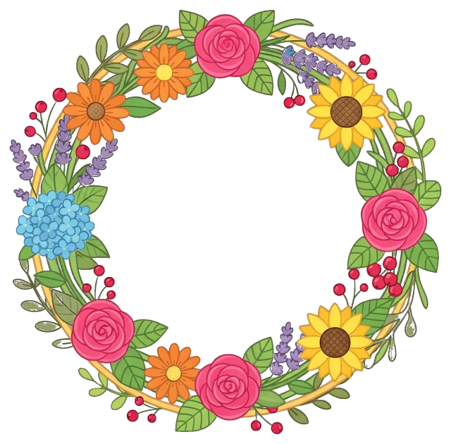 Colorful floral wreath with roses, sunflowers, and berries