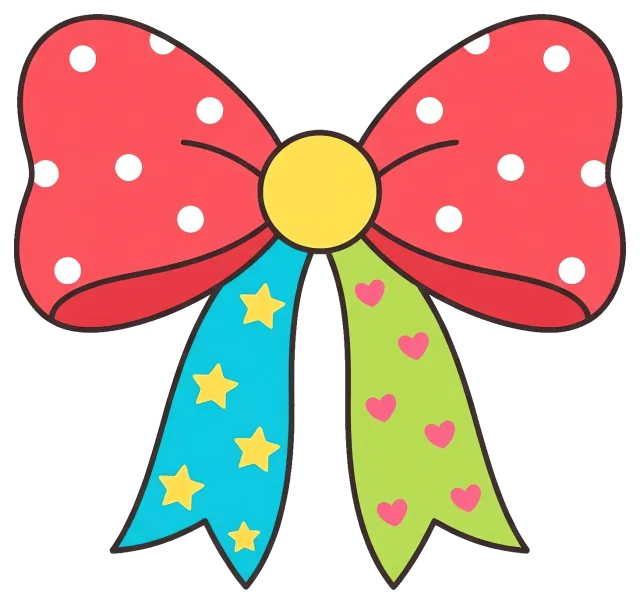 Colorful gift bow with polka dots, stars, and hearts