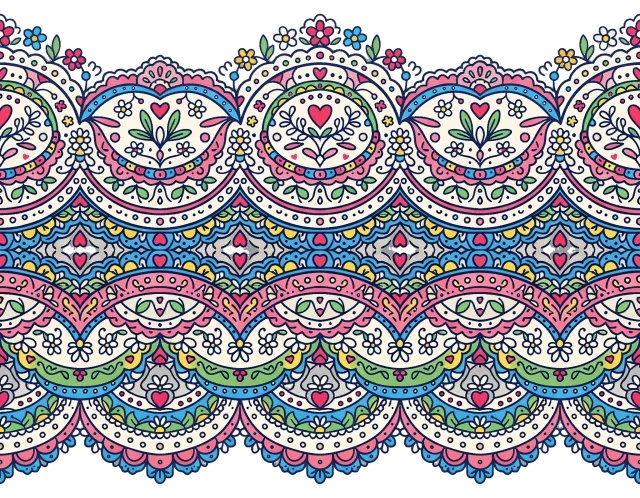 Colorful lace border with floral and heart patterns
