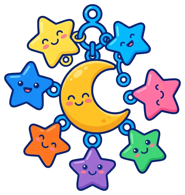 Colorful moon and star charms with smiling faces