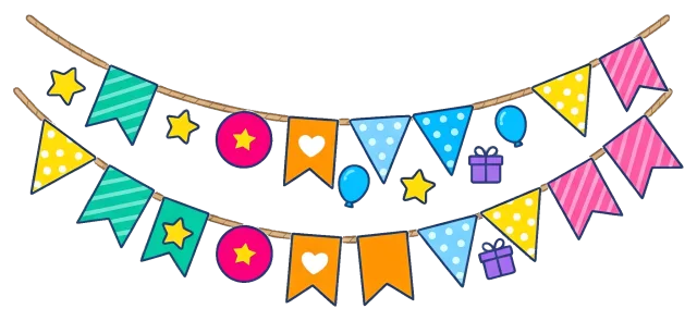 Colorful party garland with flags, stars, balloons, and gifts