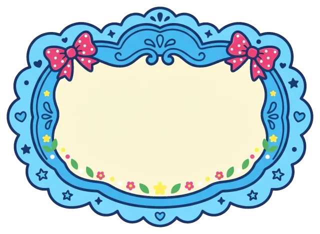 Cute blue label frame with pink bows and floral decoration