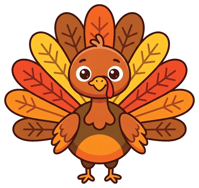 Cute cartoon turkey with colorful autumn feathers