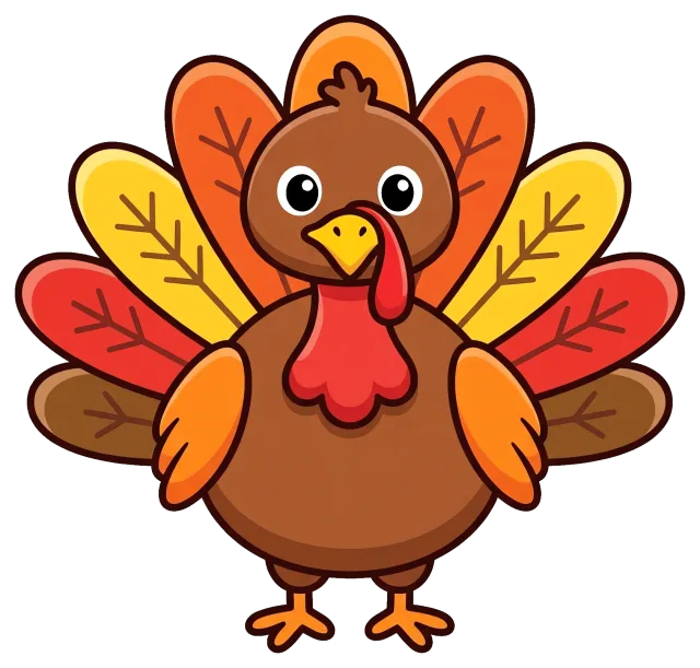Cute cartoon turkey with colorful autumn feathers