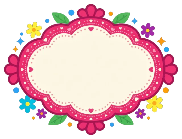 Cute floral label frame with pink border and colorful flowers