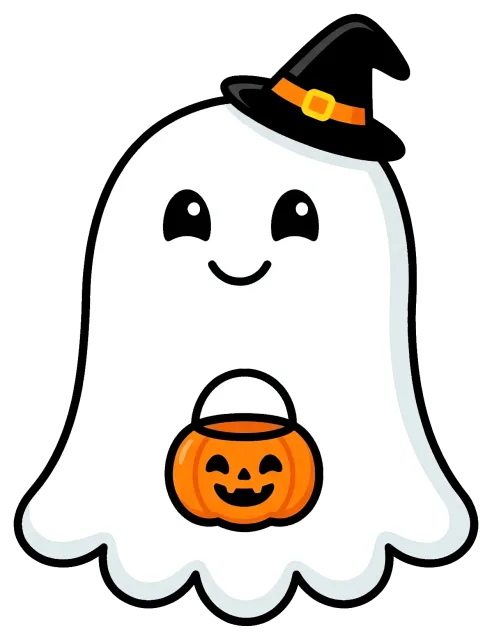 Cute ghost wearing witch hat holding pumpkin bucket