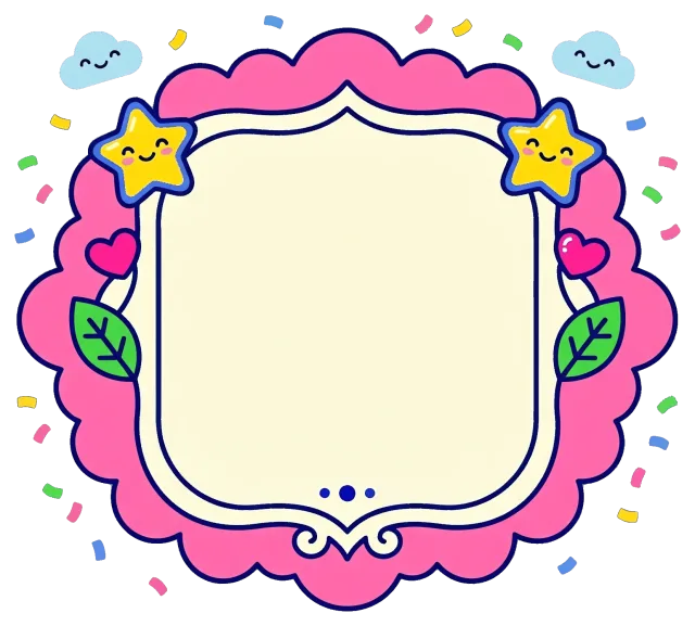 Cute pink label frame with smiling stars and clouds