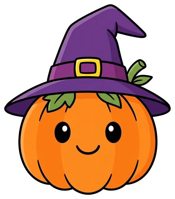 Cute pumpkin wearing a purple witch hat