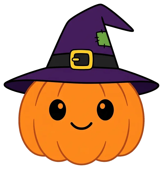 Cute pumpkin wearing a purple witch hat