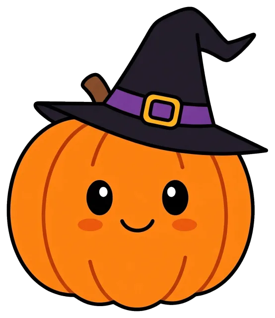 Cute pumpkin wearing a witch hat with a smiling face