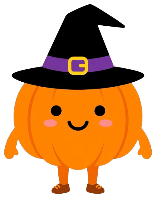 Cute pumpkin wearing a witch hat with smiling face