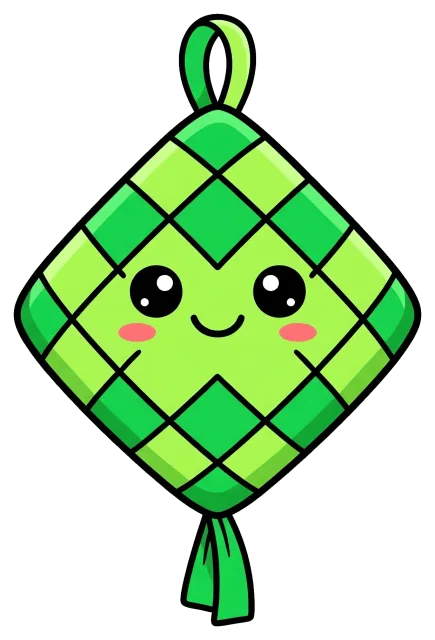 Cute smiling ketupat with green woven pattern