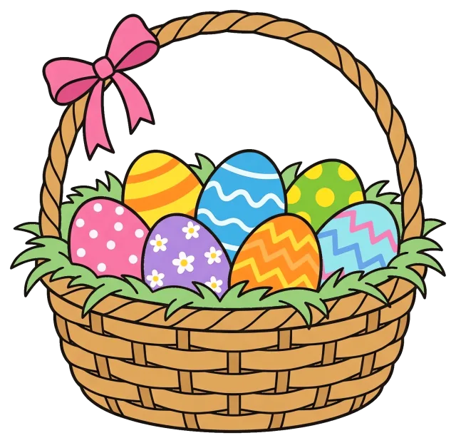 Easter egg basket with colorful decorated eggs and pink bow